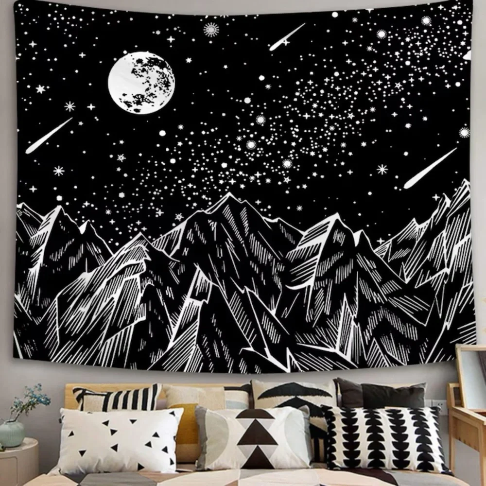 Black and White Mountain Night Tapestry Wall Art